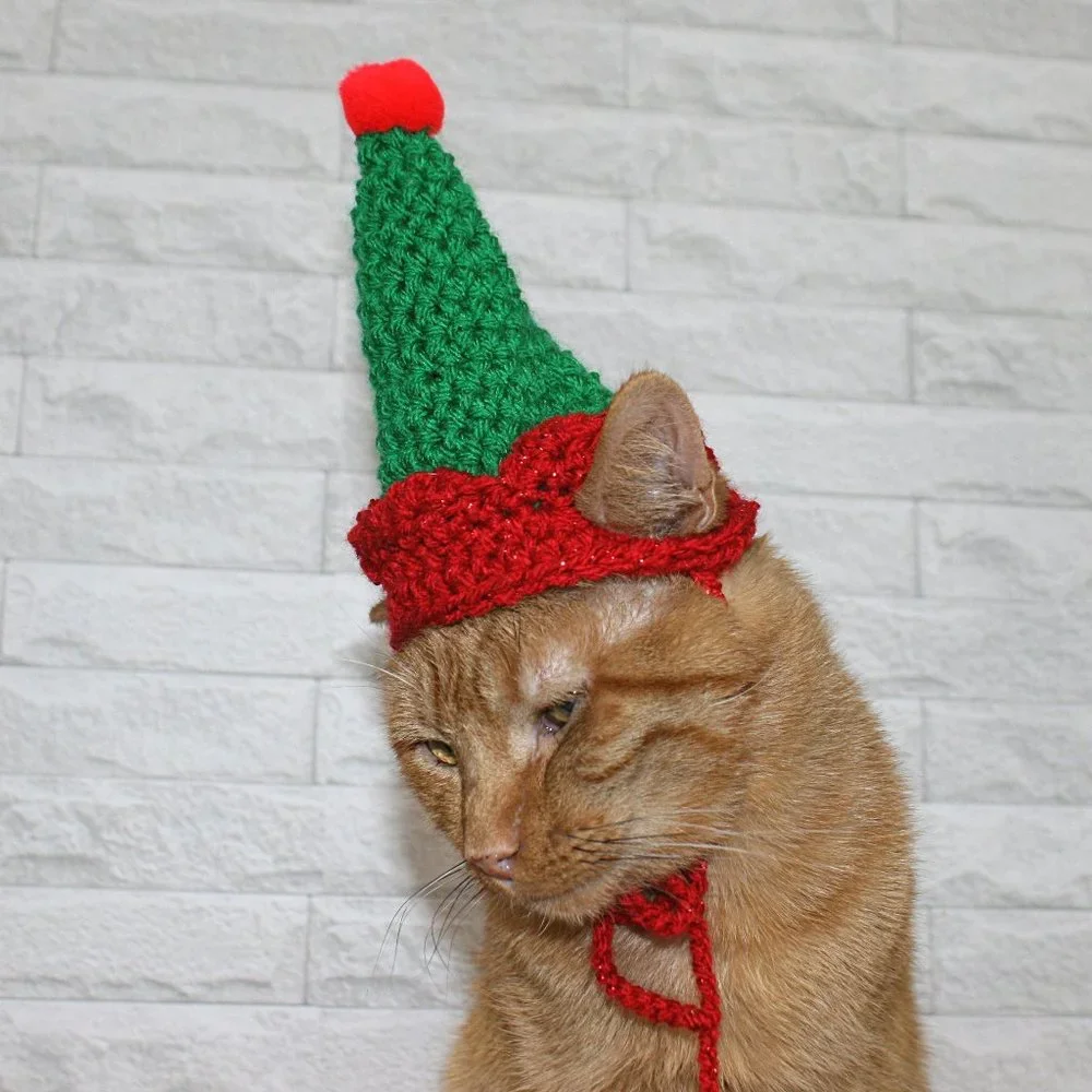 HAND CRAFTED Crochet Elf Cat Hat Costume Photo Prop Green Christmas Holiday - Picture 4 of 14